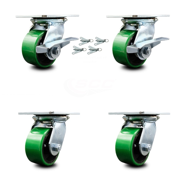 Service Caster 4 Inch Poly on Cast Iron Caster Set with Roller Bearing 4 Swivel Lock 2 Brake SCC-35S420-PUR-GB-SLB-BSL-2-BSL-2 - main